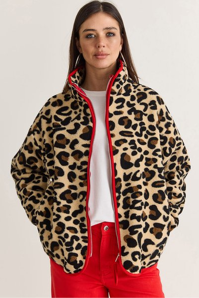 Women's Brown-Red Patterned Fleece Sweatshirt with Pocket Detail and Zipper 850 60286644