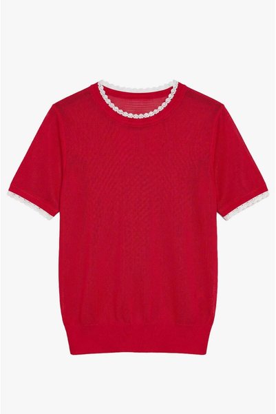 Red Lace-Trimmed Short-Sleeved Knitwear