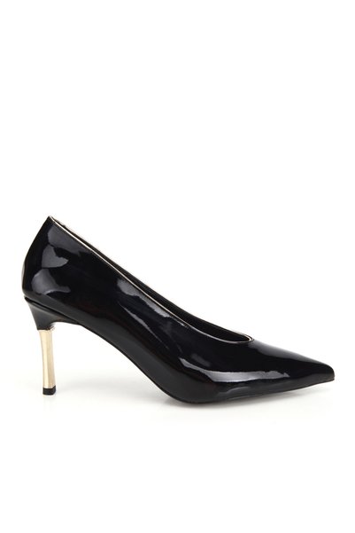 Women's Patent Leather Black Gold Heel Detailed Thin Heeled Stiletto