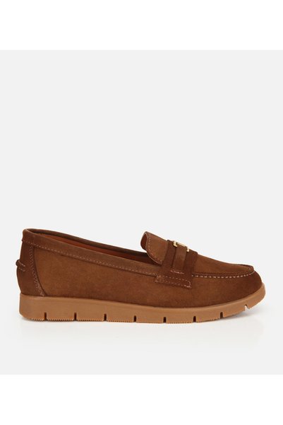 Women's Suede Leather Tan Buckle Detailed Comfort Casual Shoes