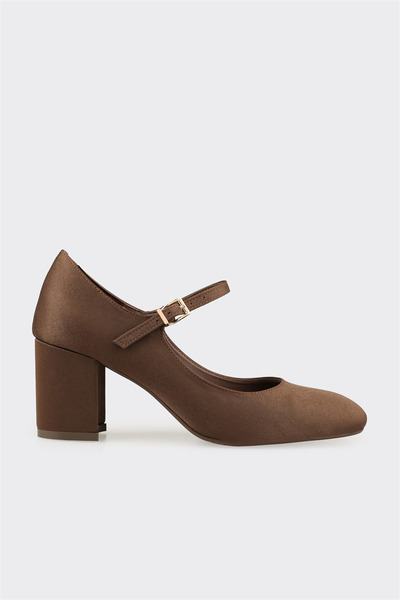 Women's Thick Heel Classic Leather Heeled Shoes in Coffee Brown