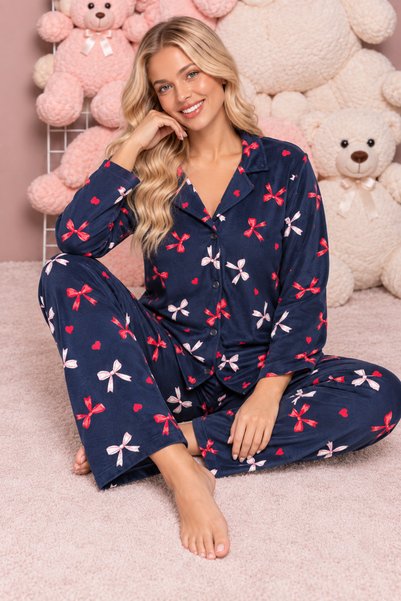 Plaid Pattern Navy Blue Suede Knitted Long Sleeve Women's Buttoned Pajama Set