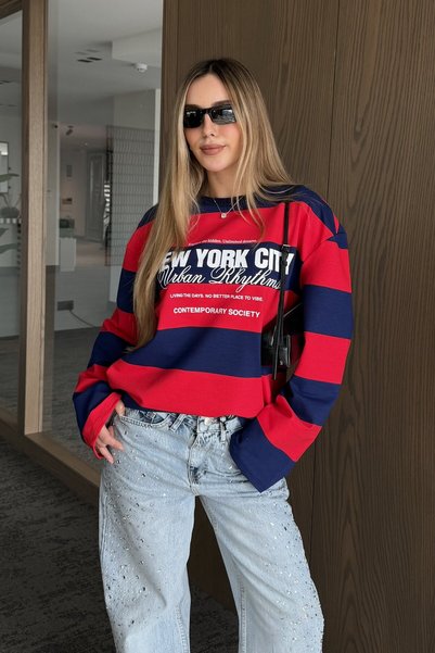 Red Navy Blue New York Printed Sweatshirt - 1132