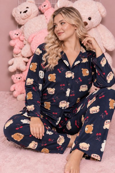 Bear Pattern Navy Blue Suede Knitted Long Sleeve Plus Size Buttoned Pajama Set