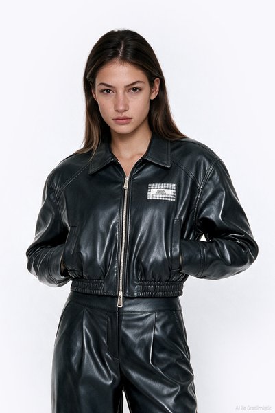 Shirt Collar Padded Leather Jacket Black
