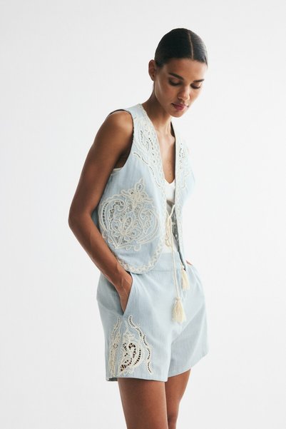 Linen Blend and Embroidered Shorts