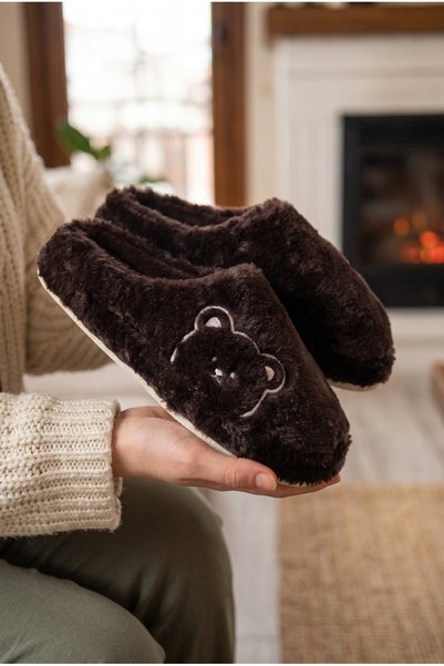 Women's Brown Plush Teddy Bear Figured House Slippers Silent Thick Sole