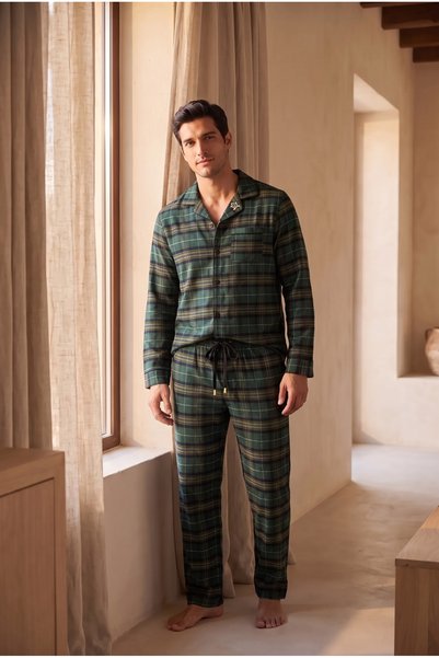 Men's dear santa plaid turtle embroidered pajama set - green
