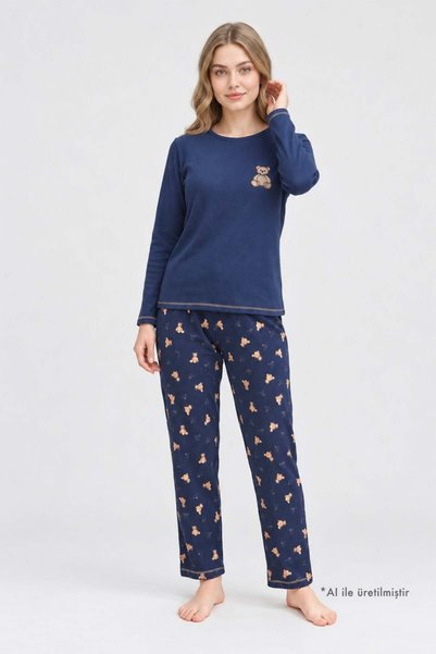 Navy Blue Teddy Bear Patterned Waffle Textured Crew Neck Long Sleeve Women's Pajama Set