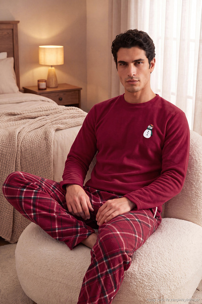 Embroidered Plaid Soft Textured Long Sleeve Fleece Pajama Set Men's Pajama Set 6097059E
