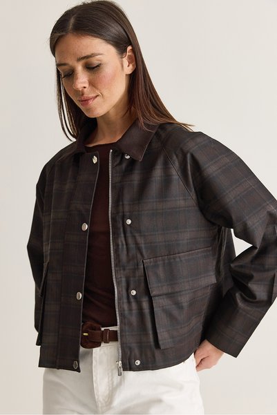 Women's Bitter Brown Plaid Patterned Waxed Look Water Repellent Lined Jacket 7062 60286565