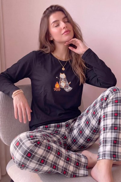 Siyah Katze Patterned Cotton Refined Women's Pajama Set