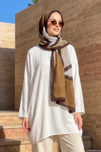 Women's Geometric Patterned 80X180 cm Imported Shawl 3000 Brown