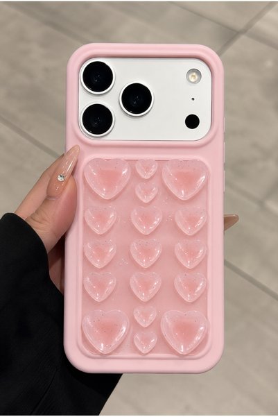 iPhone 17 Pro Max / 18 Pro Max Compatible Premium Self-Vacuuming Velvet Inside 3D Glitter Heart Pattern Soft Silicone Phone Case - Pink