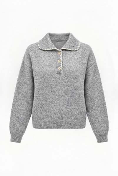Women's Gray Embroidery and Button Detailed Polo Collar Soft Textured Sweater