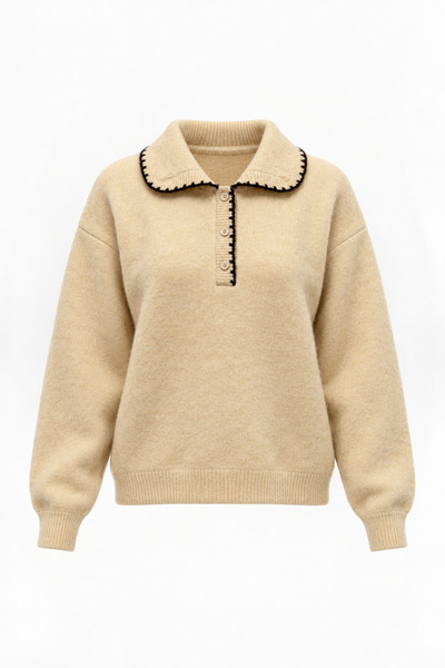 Women's Cream Embroidery and Button Detailed Polo Collar Soft Textured Sweater