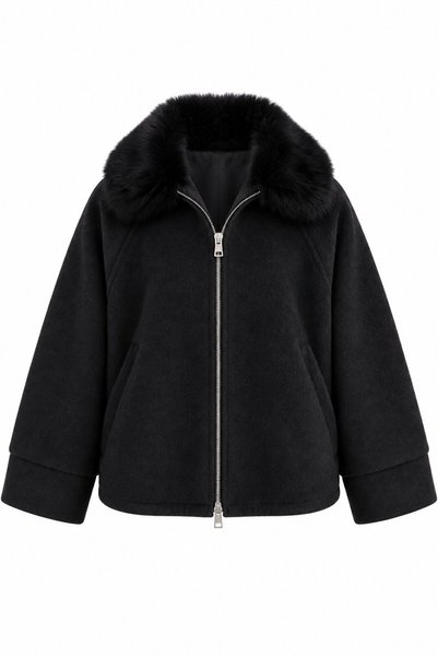 Black Fur Collar Zippered Coat - 9660