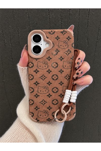 iPhone 16 Compatible Premium Drawstring Strap and Hand Strap Hello Kitty Patterned Matte Textured Phone Case – Brown