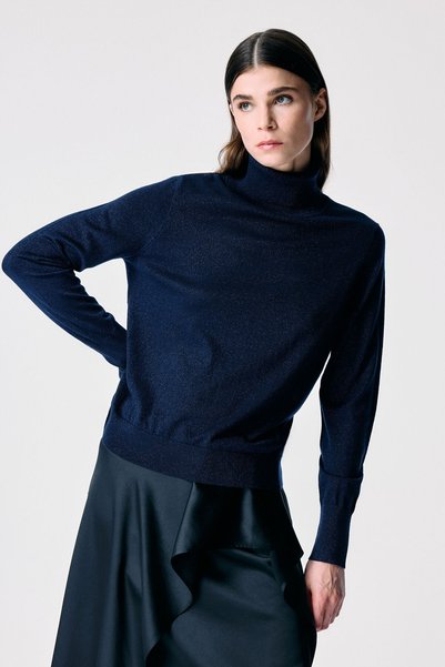 Navy Blue Glitter Fisherman Wool Knit Sweater
