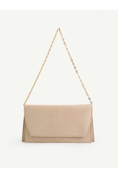 Cream Suede Shk350 with Chain Strap, Magnetic, 3 Compartments, Women's Evening Dress and Clutch, Hand and Shoulder Bag