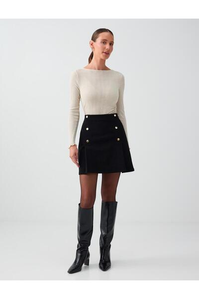 Black Button Detailed High Waist Short Knitted Skirt