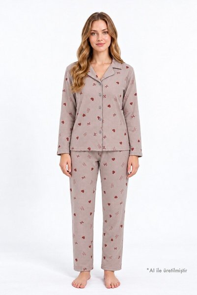 Mink Patterned Waffle Textured Shirt Collar Buttoned Long Sleeve Women's Pajama Set