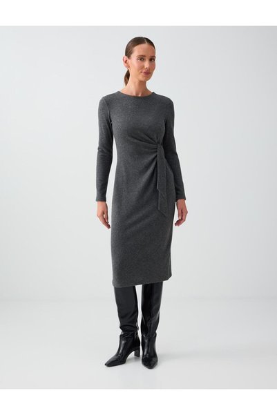 Anthracite Melange Soft Touch Midi Knitted Dress with Tie Detail