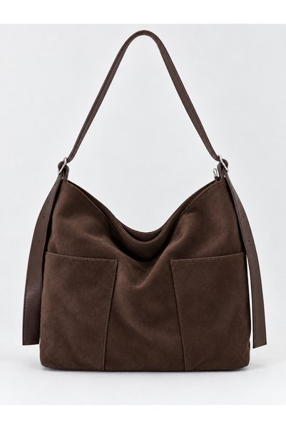 Brown Suede Women's Hobo Shoulder Bag with Double Front Pockets and Adjustable Strap