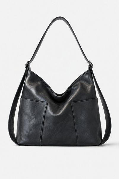 Black Women's Hobo Shoulder Bag with Double Front Pockets and Adjustable Strap