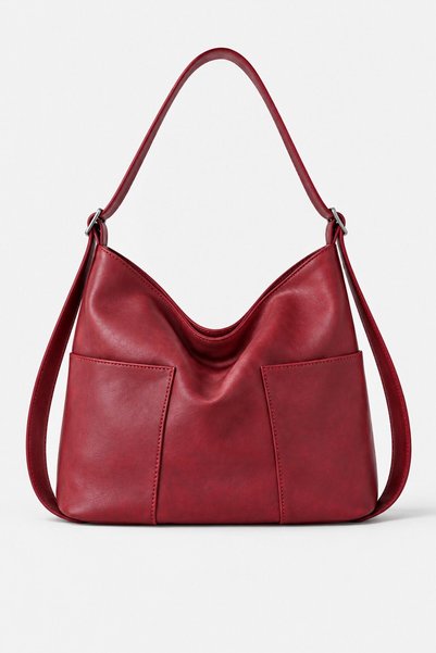 Burgundy Women's Hobo Shoulder Bag with Double Front Pockets and Adjustable Strap