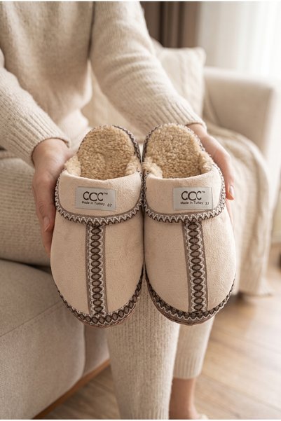 Women's Cream Fur House Slippers with Stitching Detail