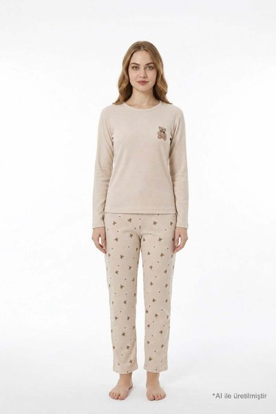 Beige Teddy Bear Patterned Waffle Textured Crew Neck Long Sleeve Women's Pajama Set