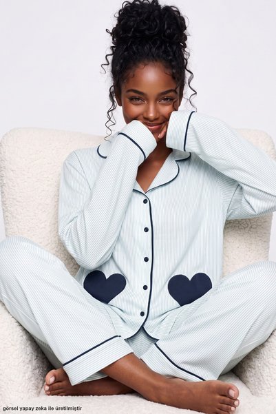 Green Line Patterned Heart Embroidered Soft Tuşe Winter Buttoned Ribbed Knitted Pajama Set 8084