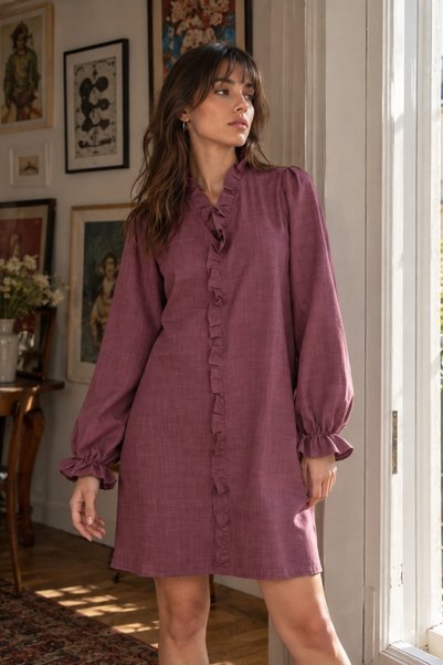 Women's Plum V-Neck Long Sleeve Mini Dress with Ruffle Detail on Front and Collar Arm-27K001028