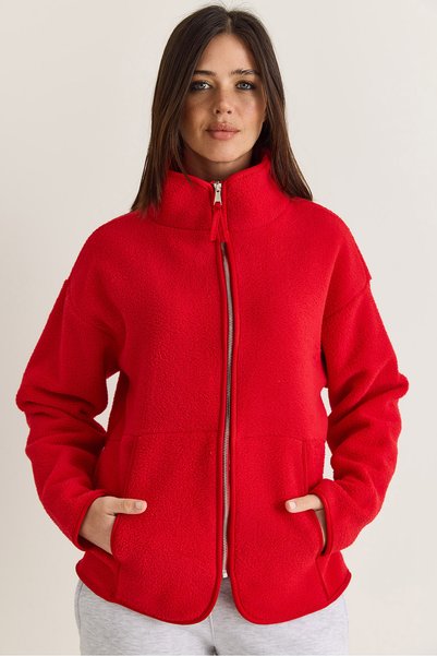 Women's Red Stand Collar Pocket Detailed Ribbed Zippered Teddy Jacket 868 60286657