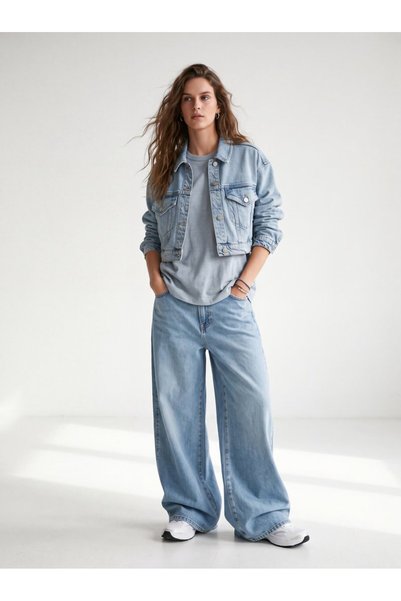 Merlına Crop Printed Light Indigo Jean Jacket