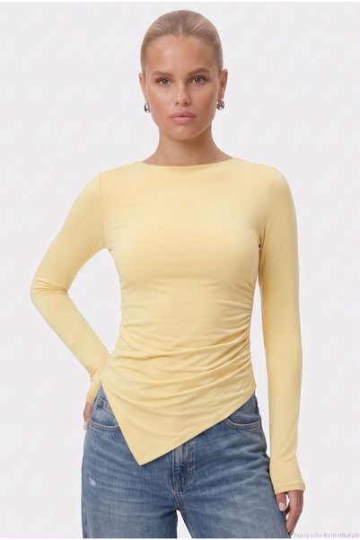 Women's New Most Polyamide Asymmetrical Butter Yellow Long Sleeve Blouse
