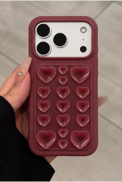 iPhone 17 Pro Max / 18 Pro Max Compatible Premium Self-Vacuuming Velvet Inside 3D Glitter Heart Pattern Soft Silicone Phone Case - Burgundy