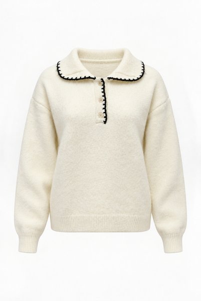 Women's Ecru Embroidery and Button Detailed Polo Collar Soft Textured Sweater
