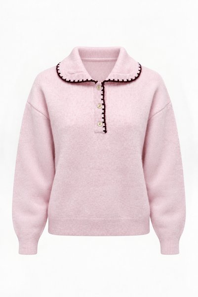 Women's Pink Embroidery and Button Detailed Polo Collar Soft Textured Sweater