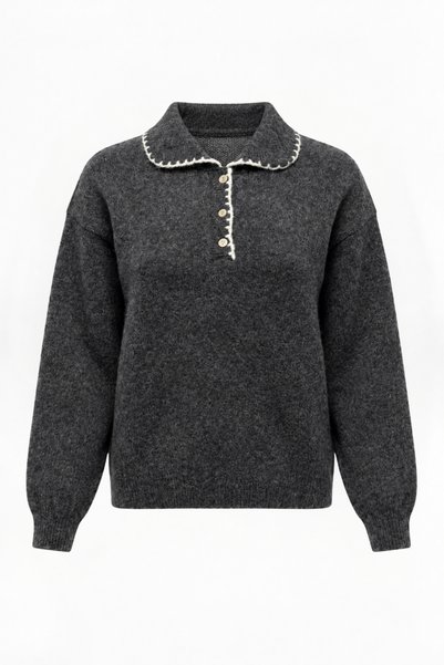 Women's Anthracite Embroidery and Button Detailed Polo Collar Soft Textured Sweater