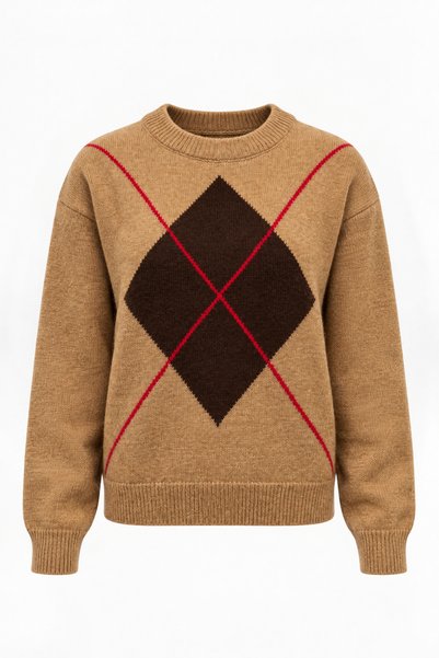 Women's Camel Baklava Patterned Crew Neck Soft Textured Sweater