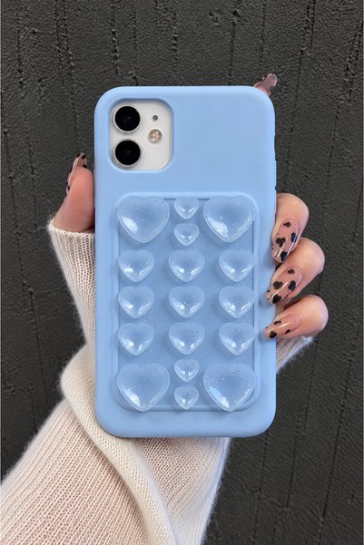iPhone 11 Compatible Premium Self-Vacuuming Velvet 3D Glitter Heart Pattern Soft Silicone Phone Case – Baby Blue