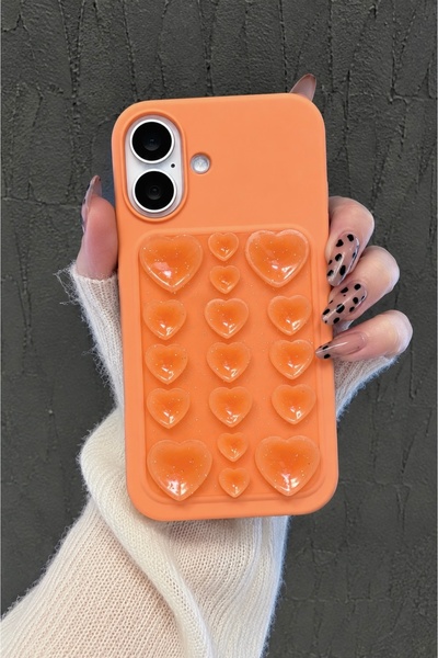 iPhone 16 Compatible Premium Self-Vacuuming Velvet 3D Glitter Heart Pattern Soft Silicone Phone Case – Orange