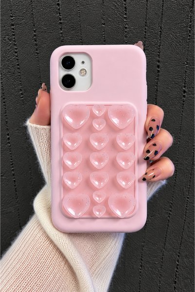 iPhone 11 Compatible Premium Self-Vacuuming Velvet 3D Glitter Heart Pattern Soft Silicone Phone Case - Pink