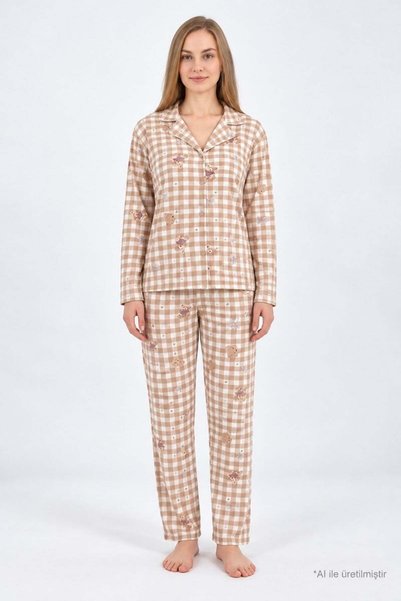 Beige Teddy Bear Patterned Gingham Soft Textured Shirt Collar Buttoned Long Sleeve Women's Pajama Set