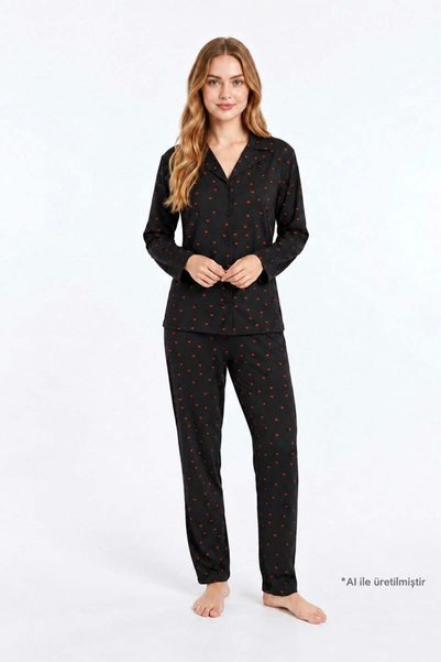 Black Heart Pattern Soft Velvet Textured Shirt Collar Buttoned Long Sleeve Women's Pajama Set