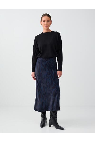 Navy Blue Zebra Patterned Straight Cut Satin Midi Skirt