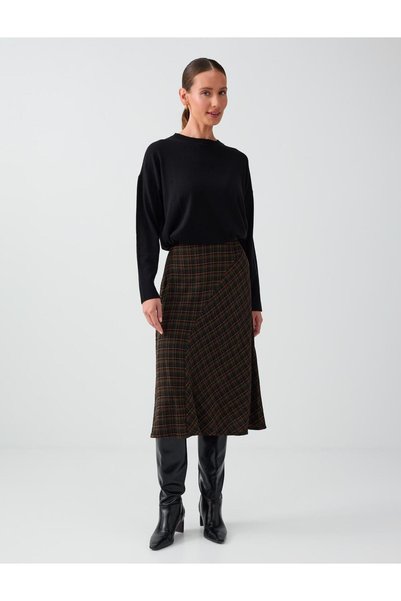 Khaki Plaid Patterned Asymmetrical Midi Woven Skirt