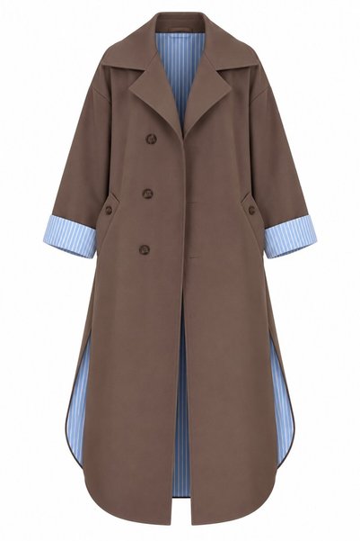 Brown Striped Lining Detailed Side Slit Trench Coat - 4273